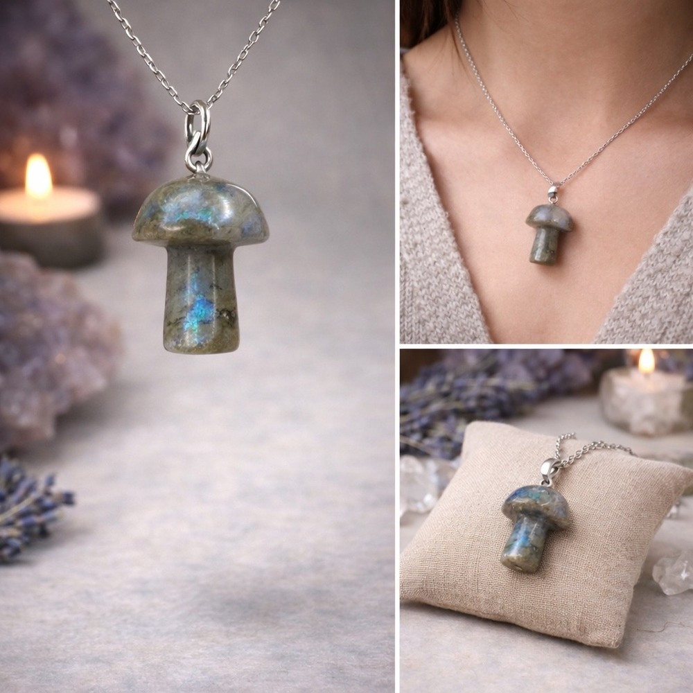 Labradorite Mushroom Pendant Boho Witchy Crystal Stone Jewelry